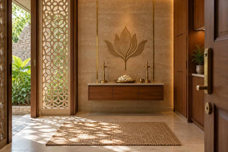 AI-generated puja room design concept: garden-edge mandir, sandstone lattice direction
