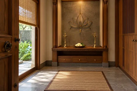 AI-generated puja room design concept: garden-edge mandir, teak craft direction