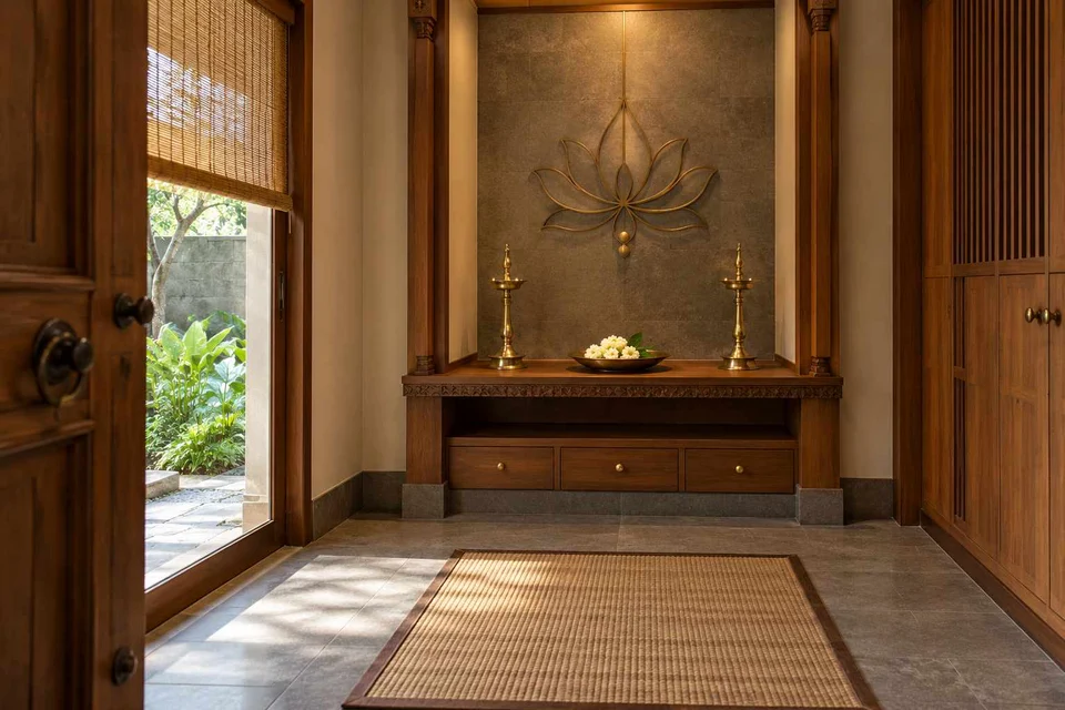 AI-generated puja room design concept: garden-edge mandir, teak craft direction