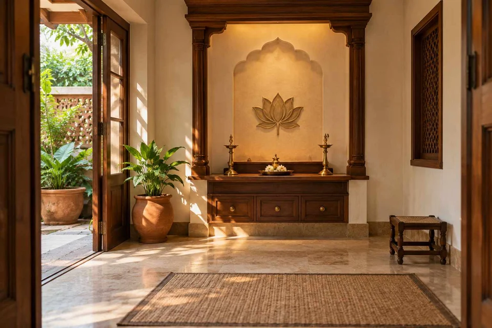 AI-generated puja room design concept: garden-edge mandir, terracotta heritage direction