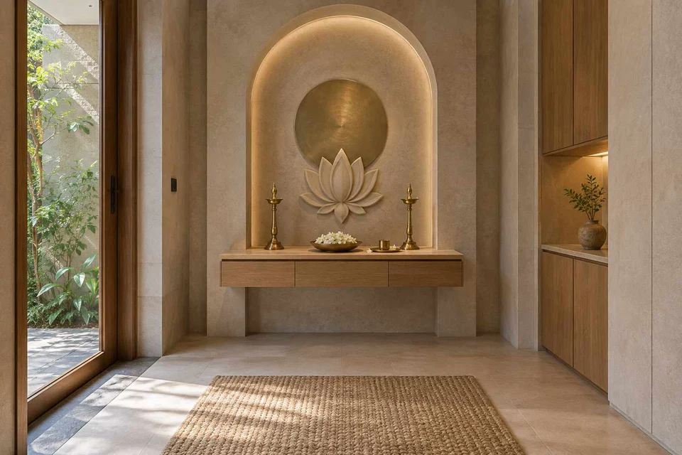 AI-generated puja room design concept: garden-edge mandir, textured mineral direction