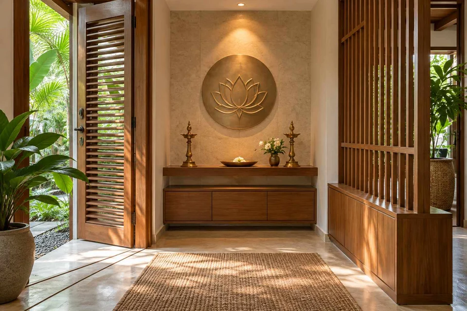 AI-generated puja room design concept: garden-edge mandir, tropical slatted direction