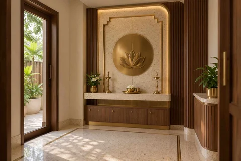 AI-generated puja room design concept: garden-edge mandir, urban deco direction