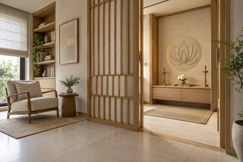 AI-generated puja room design concept: library-adjacent prayer room, ash and linen direction