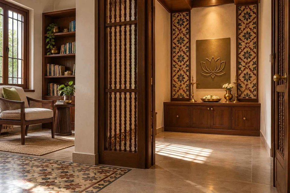 AI-generated puja room design concept: library-adjacent prayer room, chettinad tile direction
