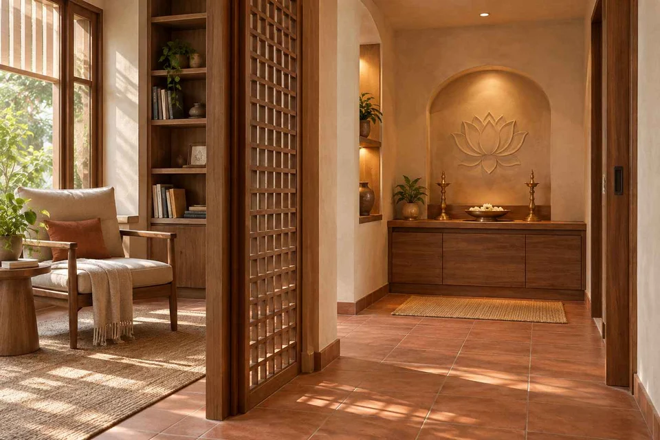 AI-generated puja room design concept: library-adjacent prayer room, clay artisan direction