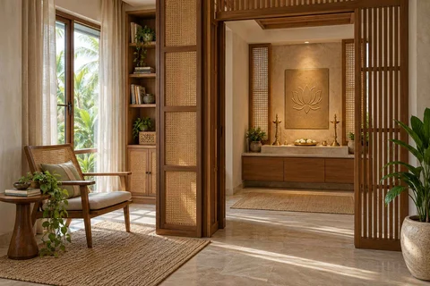 AI-generated puja room design concept: library-adjacent prayer room, coastal woven direction