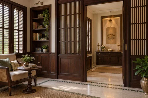 AI-generated puja room design concept: library-adjacent prayer room, colonial quiet direction