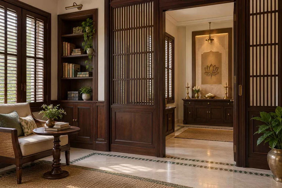 AI-generated puja room design concept: library-adjacent prayer room, colonial quiet direction