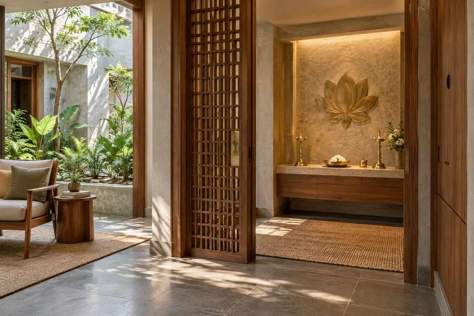 AI-generated puja room design concept: library-adjacent prayer room, courtyard modern direction