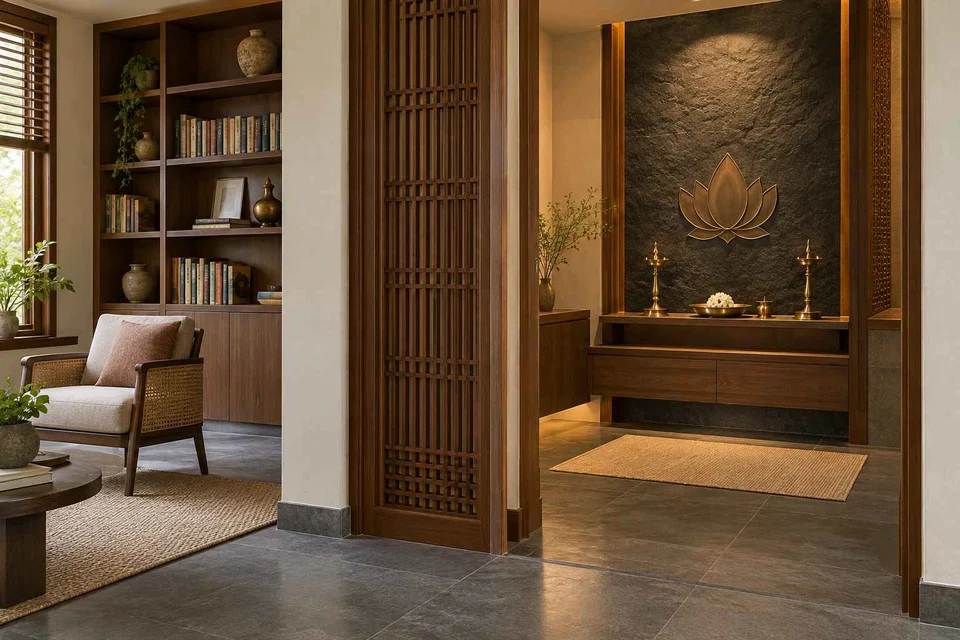 AI-generated puja room design concept: library-adjacent prayer room, deccan stone direction