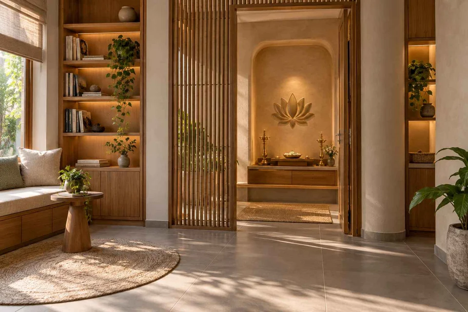 AI-generated puja room design concept: library-adjacent prayer room, earth and bamboo direction