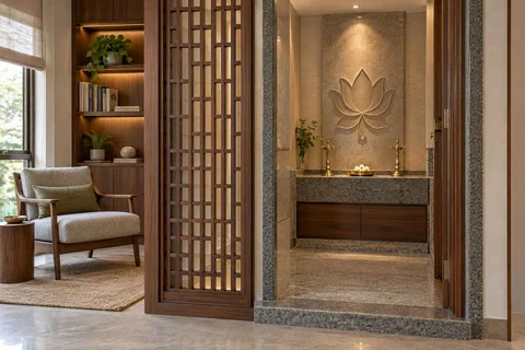 AI-generated puja room design concept: library-adjacent prayer room, granite precision direction