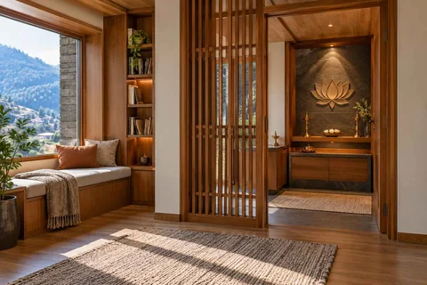 AI-generated puja room design concept: library-adjacent prayer room, hill timber direction