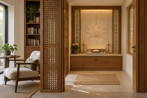 AI-generated puja room design concept: library-adjacent prayer room, inlay atelier direction