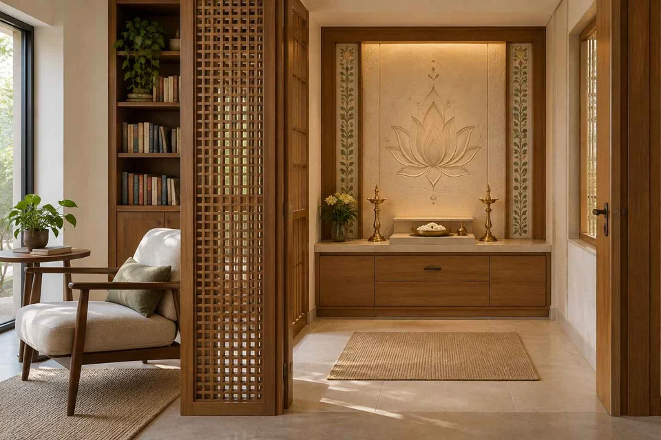 AI-generated puja room design concept: library-adjacent prayer room, inlay atelier direction