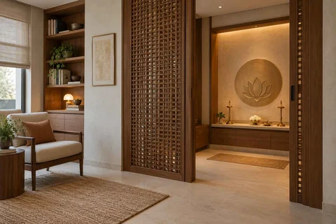 AI-generated puja room design concept: library-adjacent prayer room, lime and walnut direction