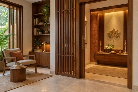 AI-generated puja room design concept: library-adjacent prayer room, malabar timber direction