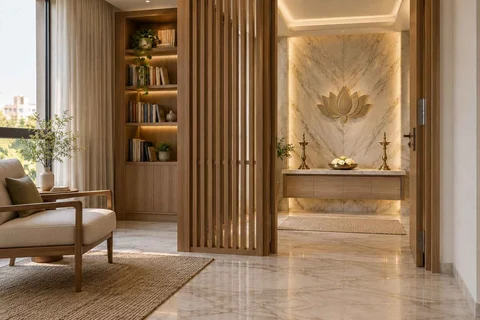 AI-generated puja room design concept: library-adjacent prayer room, marble restraint direction