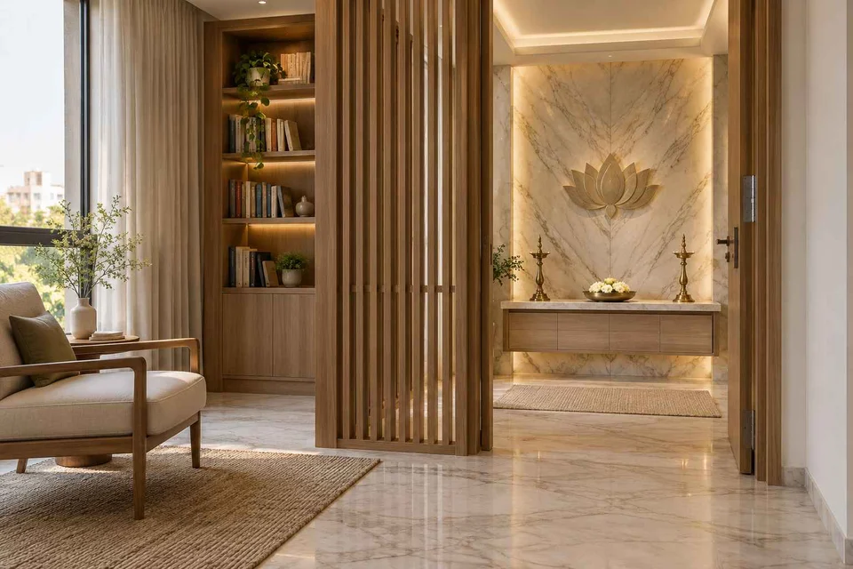 AI-generated puja room design concept: library-adjacent prayer room, marble restraint direction