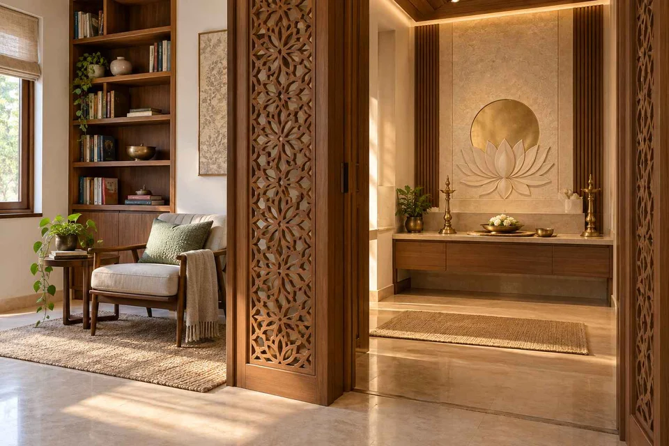 AI-generated puja room design concept: library-adjacent prayer room, modern carved direction