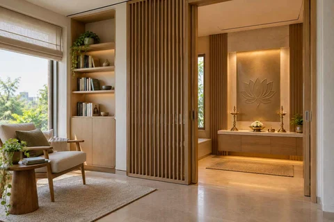 AI-generated puja room design concept: library-adjacent prayer room, quiet contemporary direction