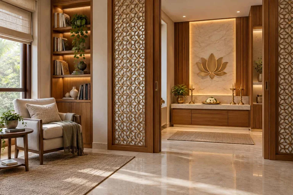 AI-generated puja room design concept: library-adjacent prayer room, quiet transitional direction