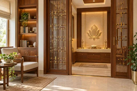 AI-generated puja room design concept: library-adjacent prayer room, rosewood brass direction