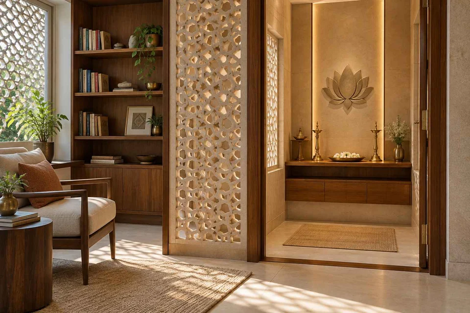 AI-generated puja room design concept: library-adjacent prayer room, sandstone lattice direction