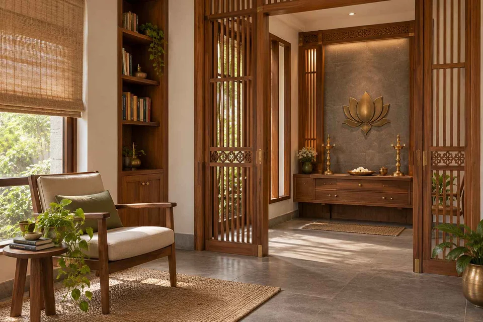 AI-generated puja room design concept: library-adjacent prayer room, teak craft direction