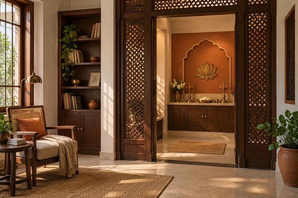 AI-generated puja room design concept: library-adjacent prayer room, terracotta heritage direction