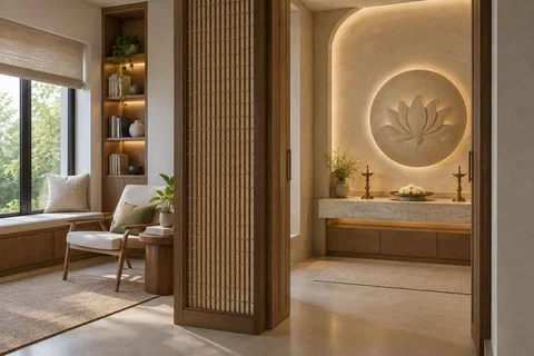 AI-generated puja room design concept: library-adjacent prayer room, textured mineral direction