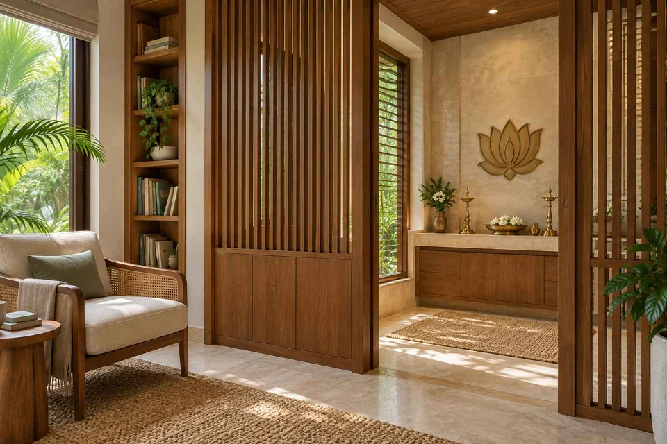AI-generated puja room design concept: library-adjacent prayer room, tropical slatted direction