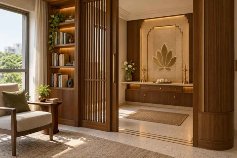 AI-generated puja room design concept: library-adjacent prayer room, urban deco direction