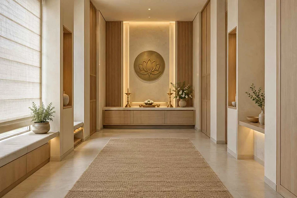 AI-generated puja room design concept: long gallery prayer room, ash and linen direction