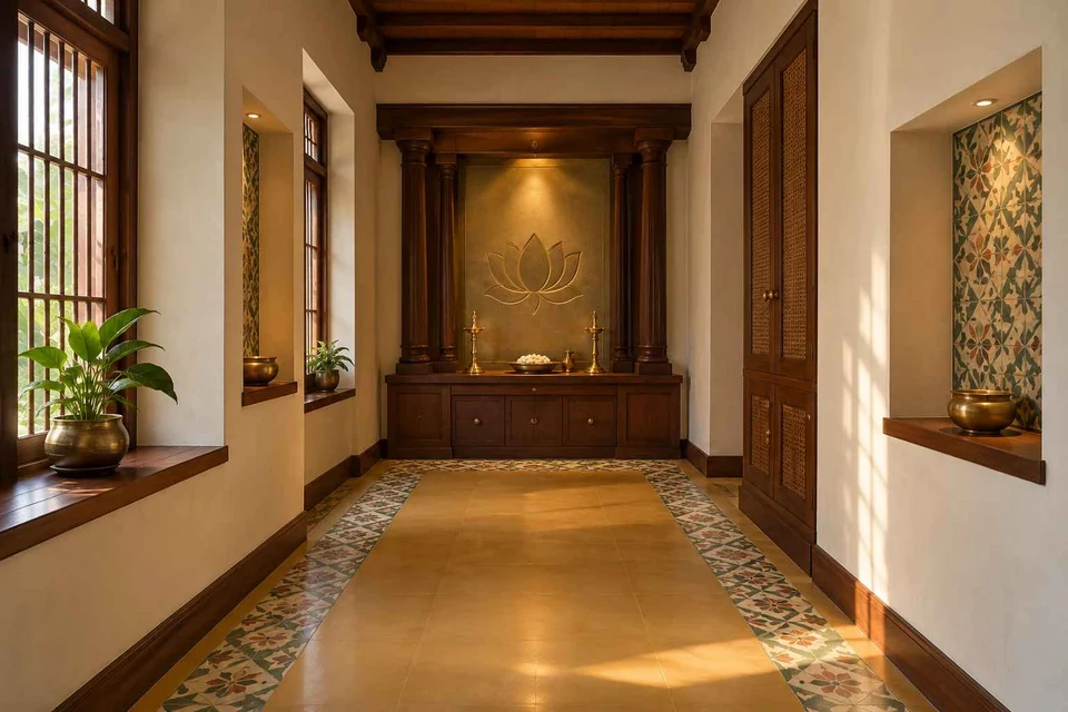AI-generated puja room design concept: long gallery prayer room, chettinad tile direction