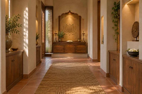 AI-generated puja room design concept: long gallery prayer room, clay artisan direction