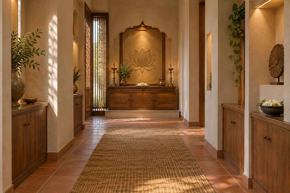 AI-generated puja room design concept: long gallery prayer room, clay artisan direction