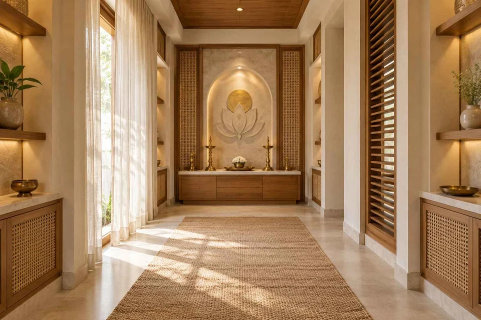 AI-generated puja room design concept: long gallery prayer room, coastal woven direction