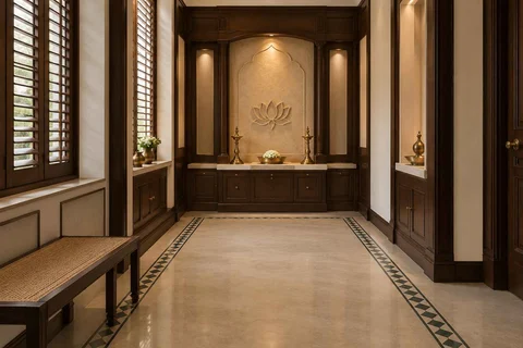 AI-generated puja room design concept: long gallery prayer room, colonial quiet direction