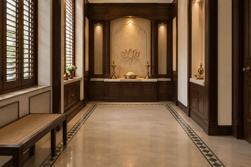 AI-generated puja room design concept: long gallery prayer room, colonial quiet direction
