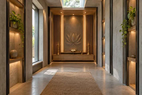 AI-generated puja room design concept: long gallery prayer room, concrete and oak direction