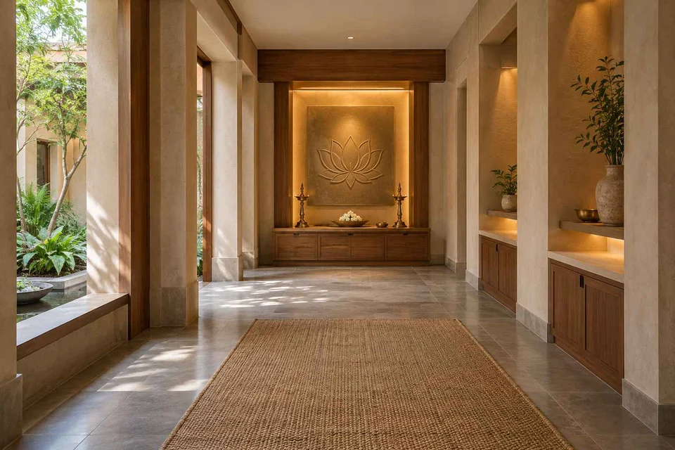 AI-generated puja room design concept: long gallery prayer room, courtyard modern direction