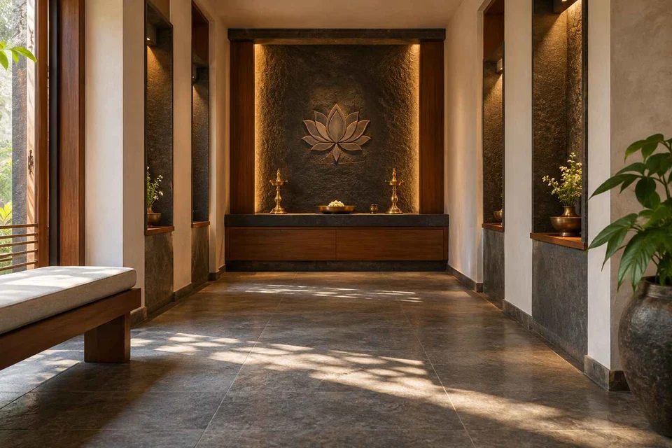 AI-generated puja room design concept: long gallery prayer room, deccan stone direction