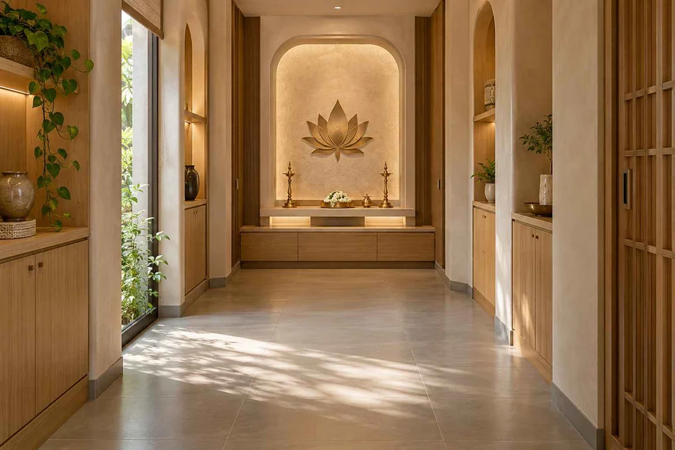 AI-generated puja room design concept: long gallery prayer room, earth and bamboo direction