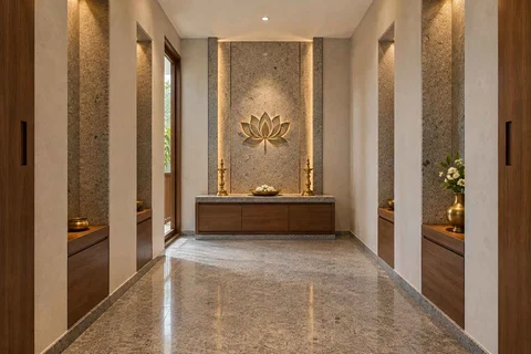AI-generated puja room design concept: long gallery prayer room, granite precision direction