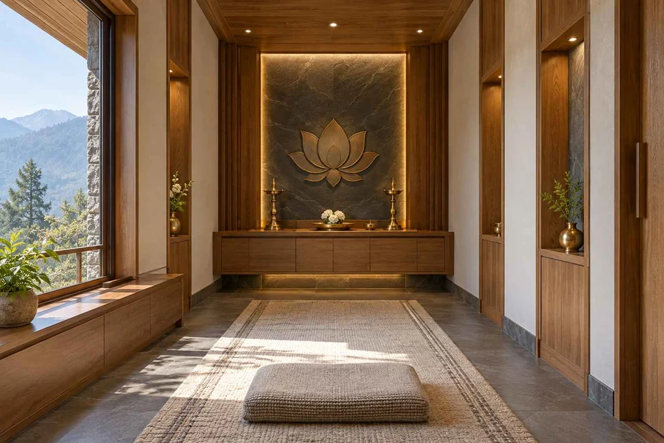 AI-generated puja room design concept: long gallery prayer room, hill timber direction