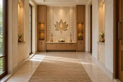 AI-generated puja room design concept: long gallery prayer room, inlay atelier direction