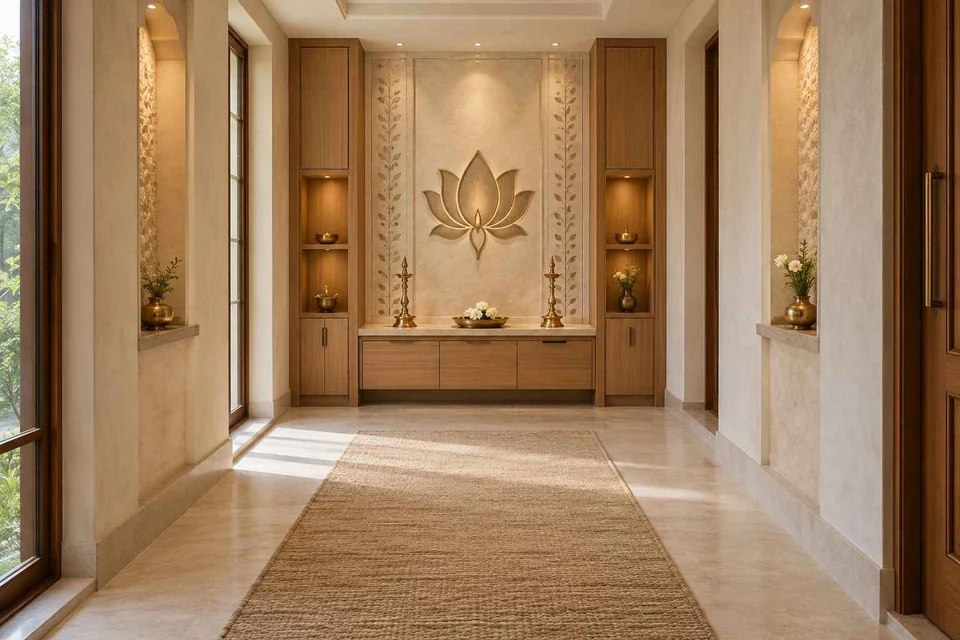 AI-generated puja room design concept: long gallery prayer room, inlay atelier direction