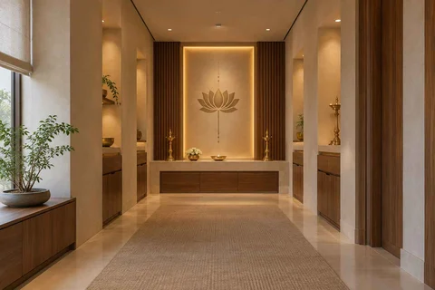 AI-generated puja room design concept: long gallery prayer room, lime and walnut direction